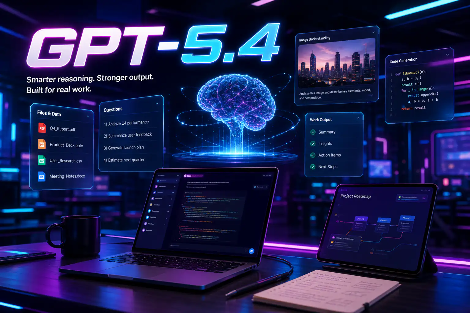 展示 GPT-5.4 作为在线 AI 模型用于聊天和工作任务的概览图