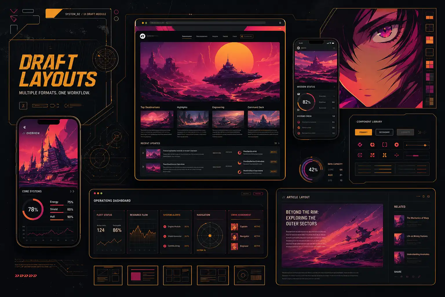 Structured app and page mockups showing screens, panels, controls, and visual concepts
