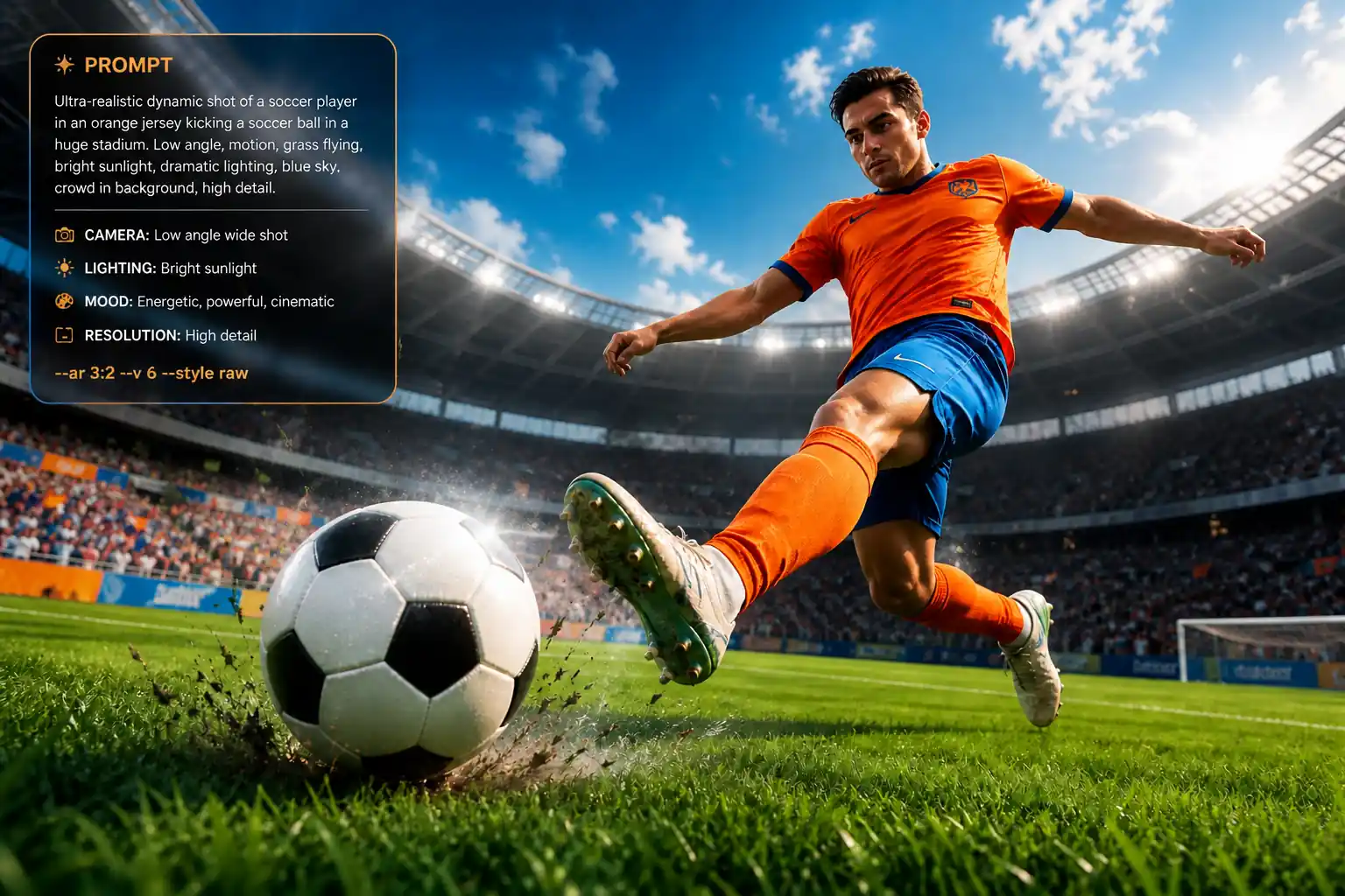Sports scene generated from a detailed prompt with subject, setting, lighting, and action