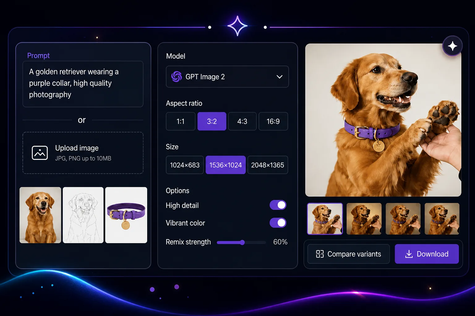 GPT Image 2 workflow interface for entering prompts, choosing settings, and refining results