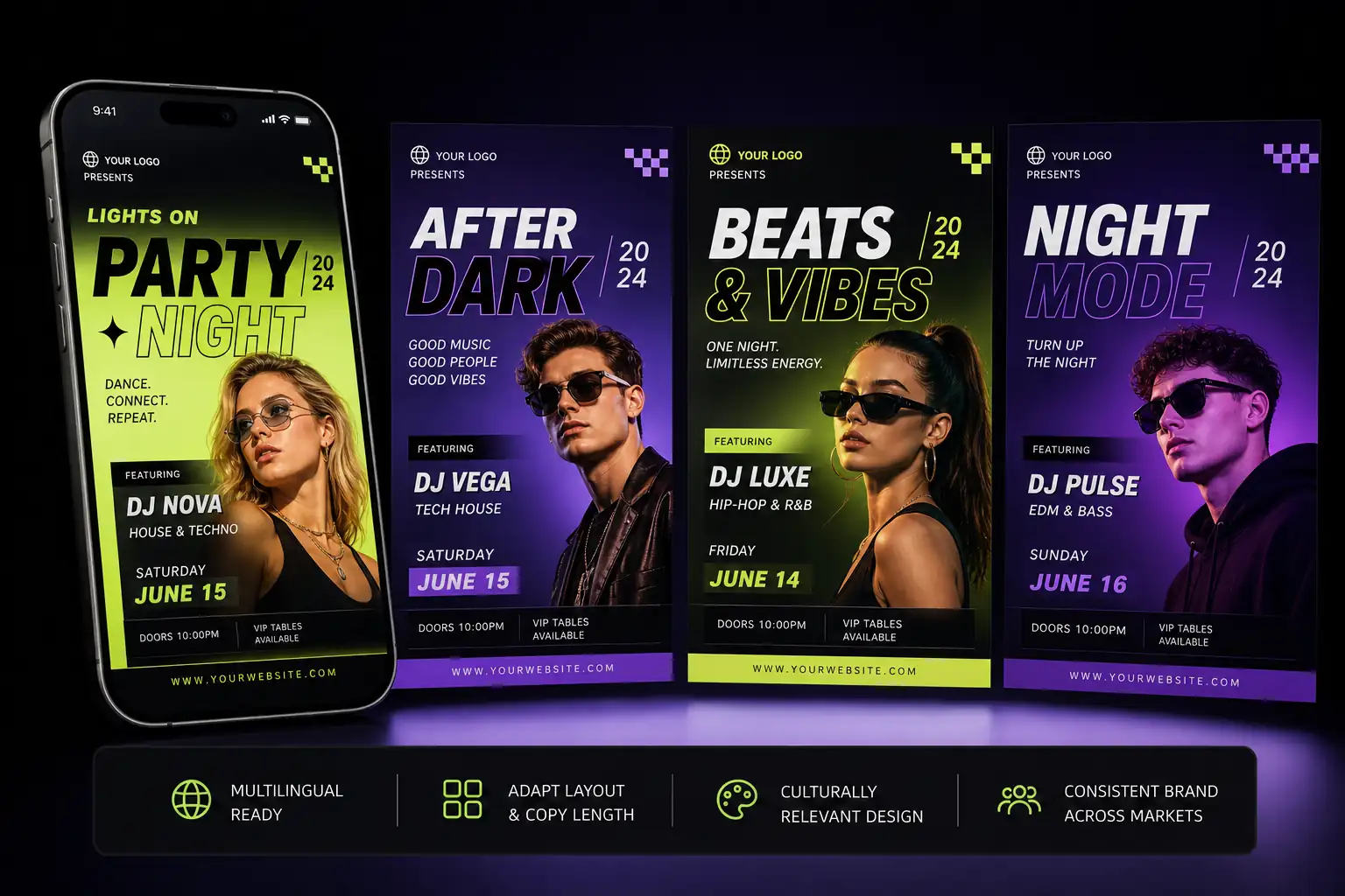 Localized event poster designs adapted across phone and desktop layouts with short copy