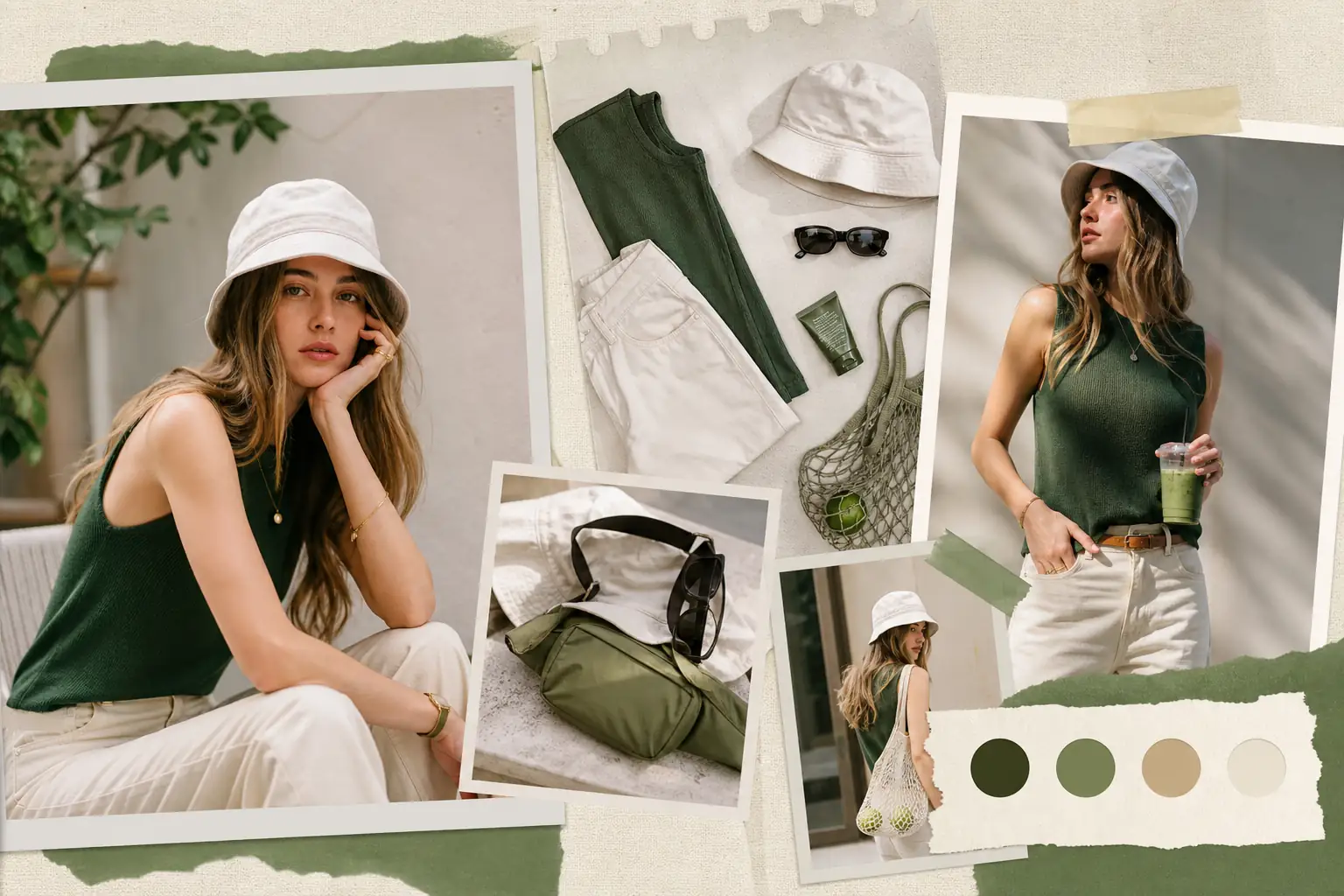 Fashion product scene with model, apparel details, accessories, and coordinated brand colors