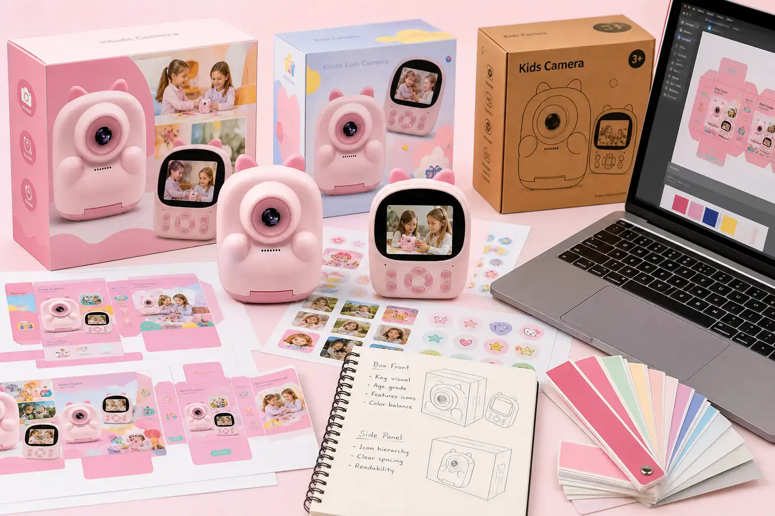 Packaging concept board with labeled product boxes, device mockups, sketches, and color notes