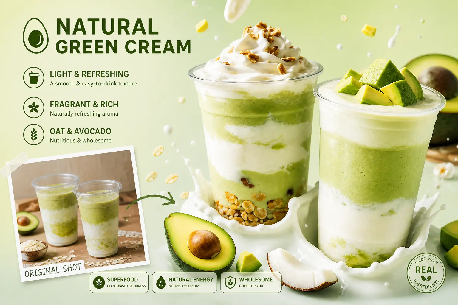 Product ad concept with readable short labels and layout text inside the generated visual