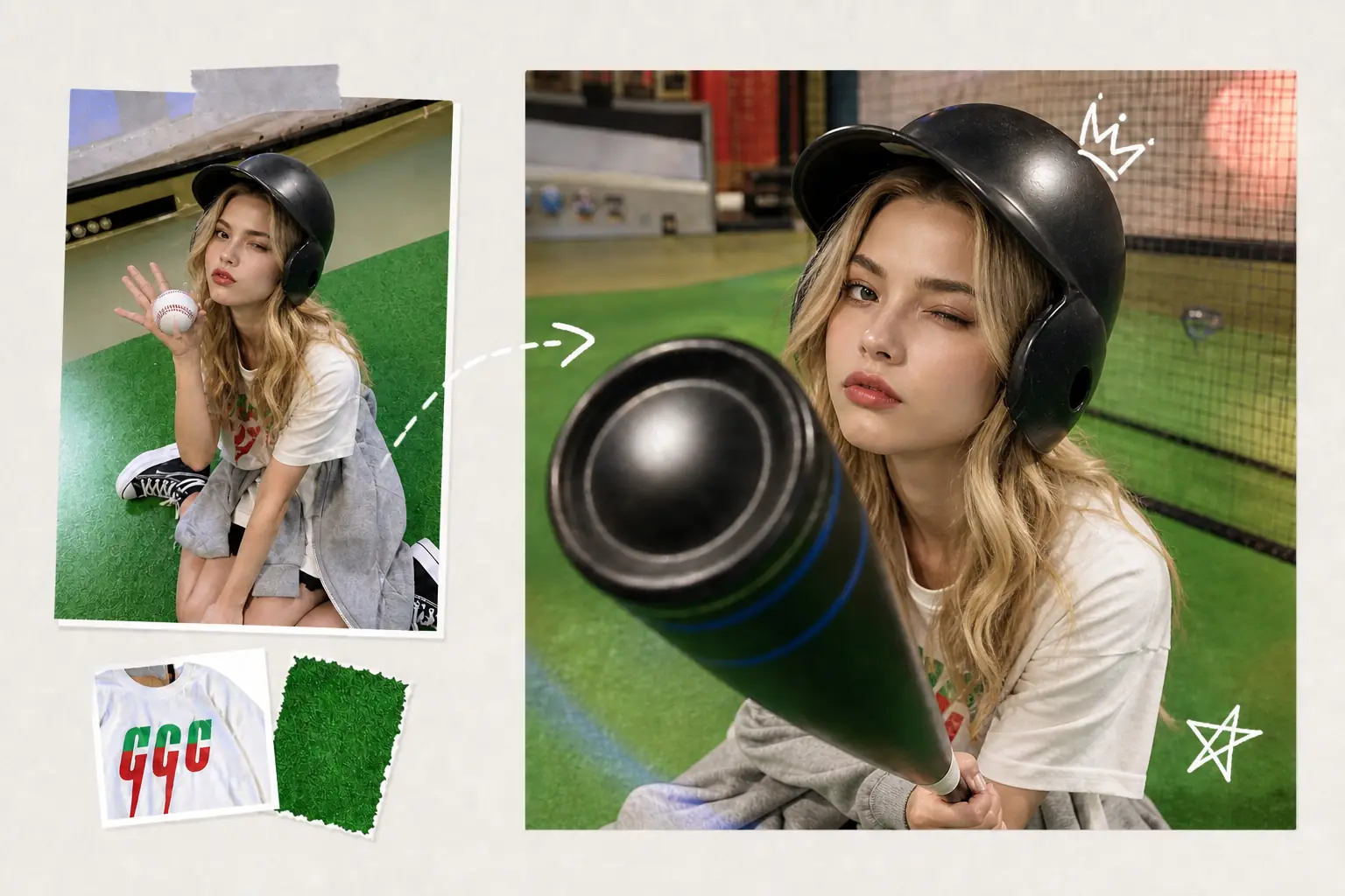 Reference photo edit preserving the model, outfit, colors, and composition details