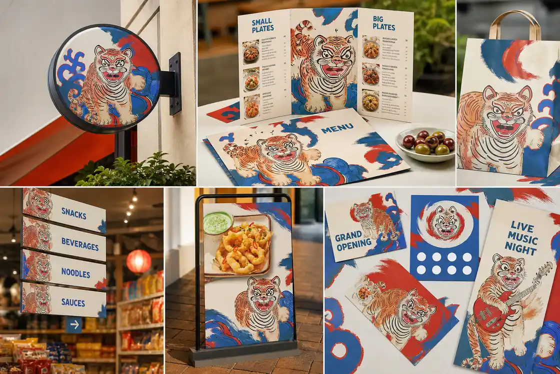 Cafe and restaurant sign concepts with menus, badges, wayfinding graphics, and layout samples