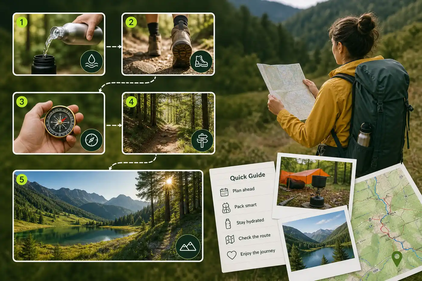 Outdoor tutorial visual with numbered guide panels, route details, and planning notes