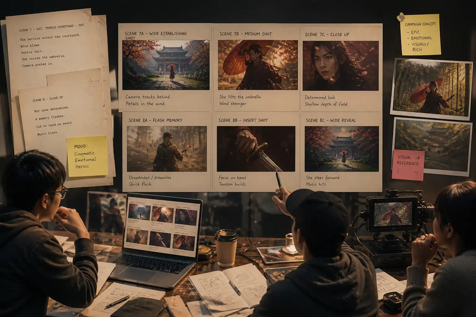 Storyboard planning wall with cinematic frames, notes, and shot references for a video concept