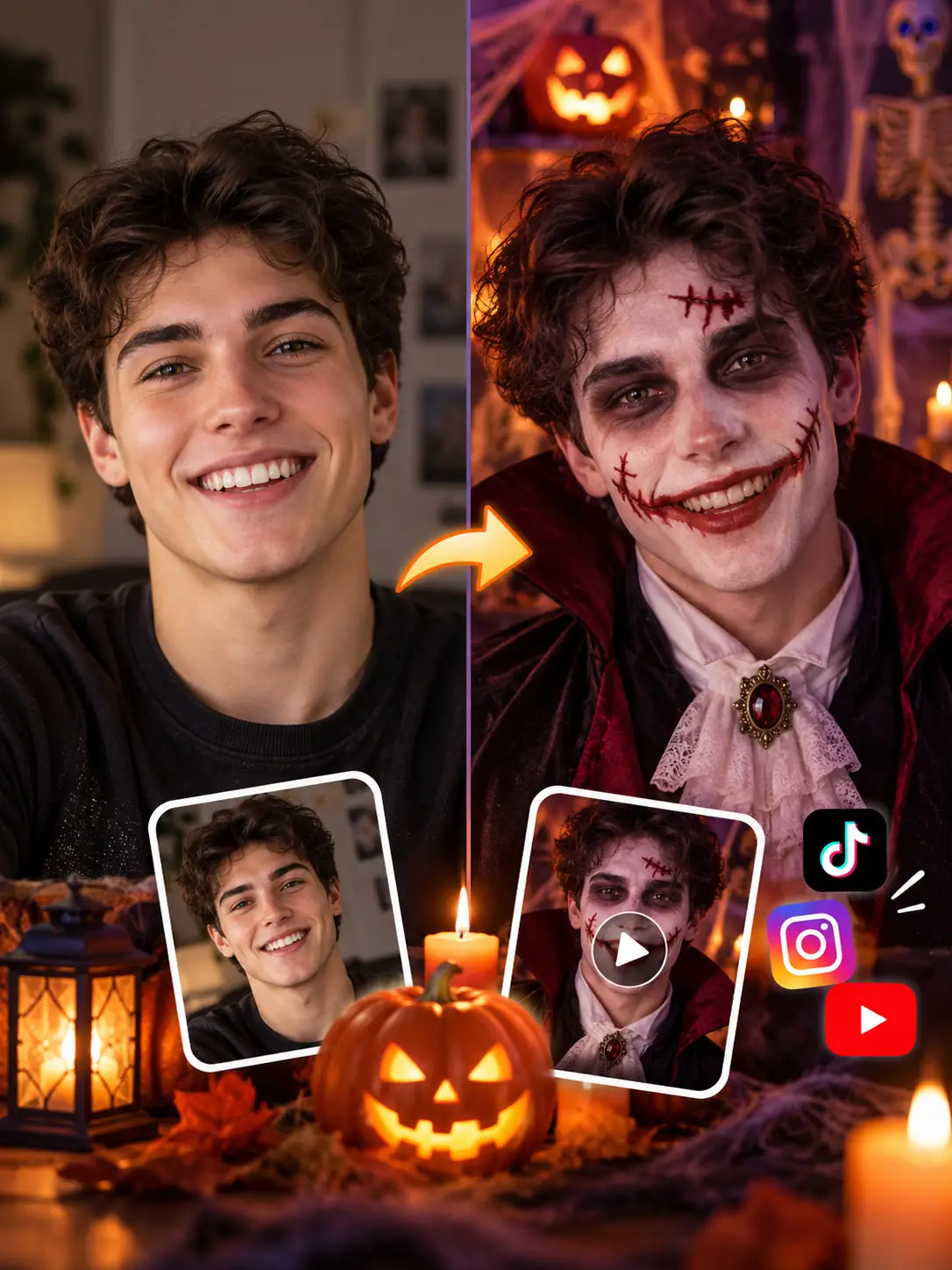Before-and-after portrait showing a man transformed with a realistic Halloween clown filter