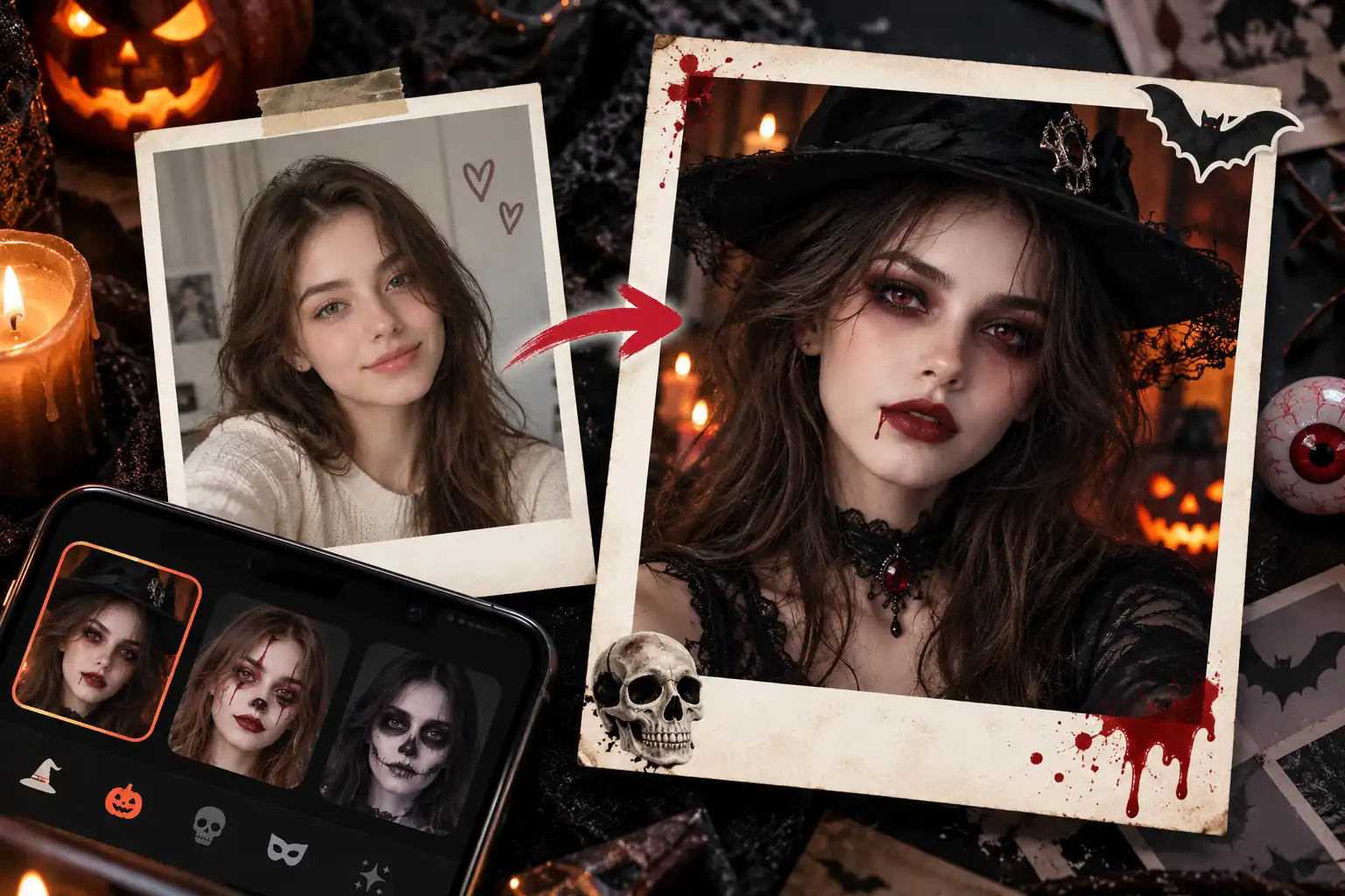 Before-and-after collage showing a selfie transformed into a dark witch Halloween character