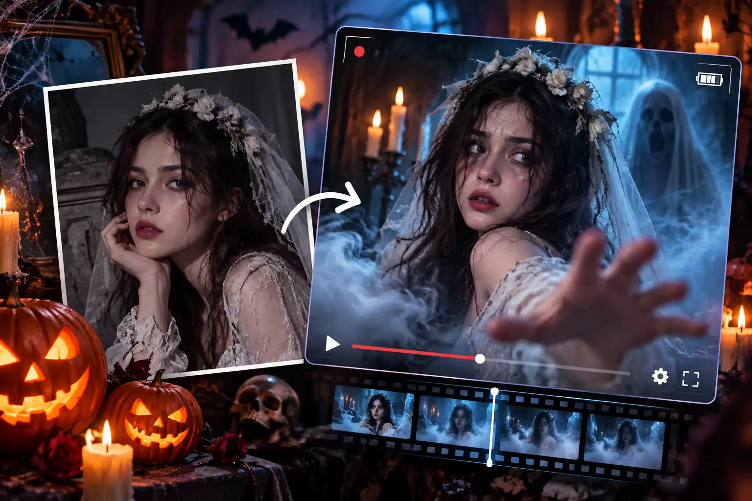 Halloween photo animation preview with a ghost bride reaching from a video editing screen