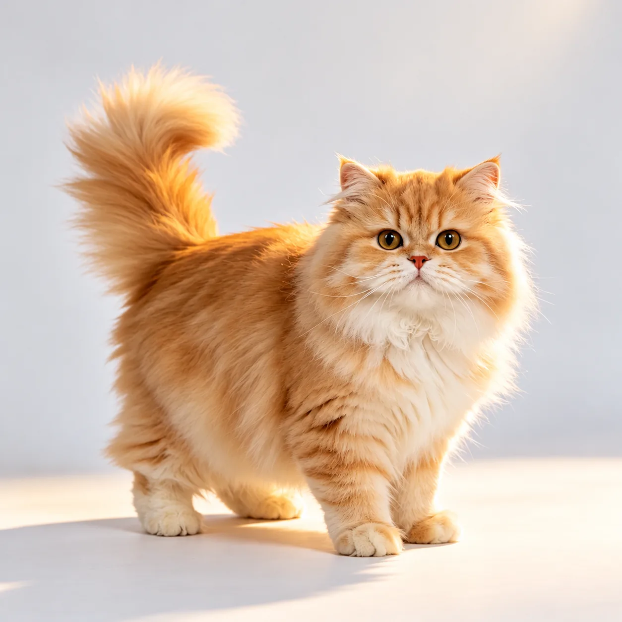 Fluffy orange cat standing in a studio before the vintage monster poster transformation
