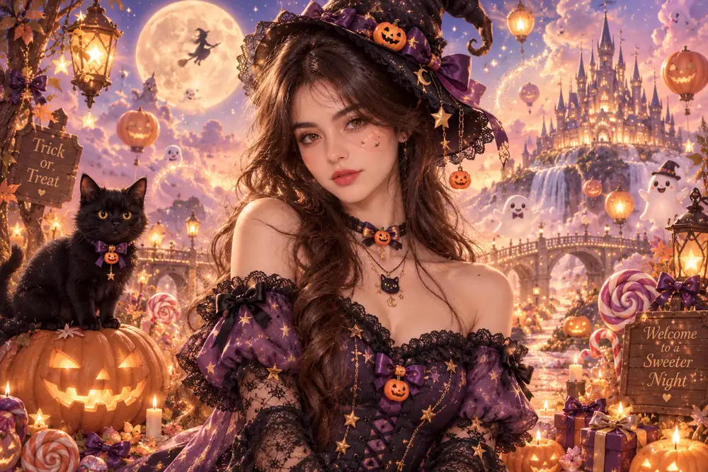 Fantasy witch wearing a purple costume beside a black cat in a glowing candy castle