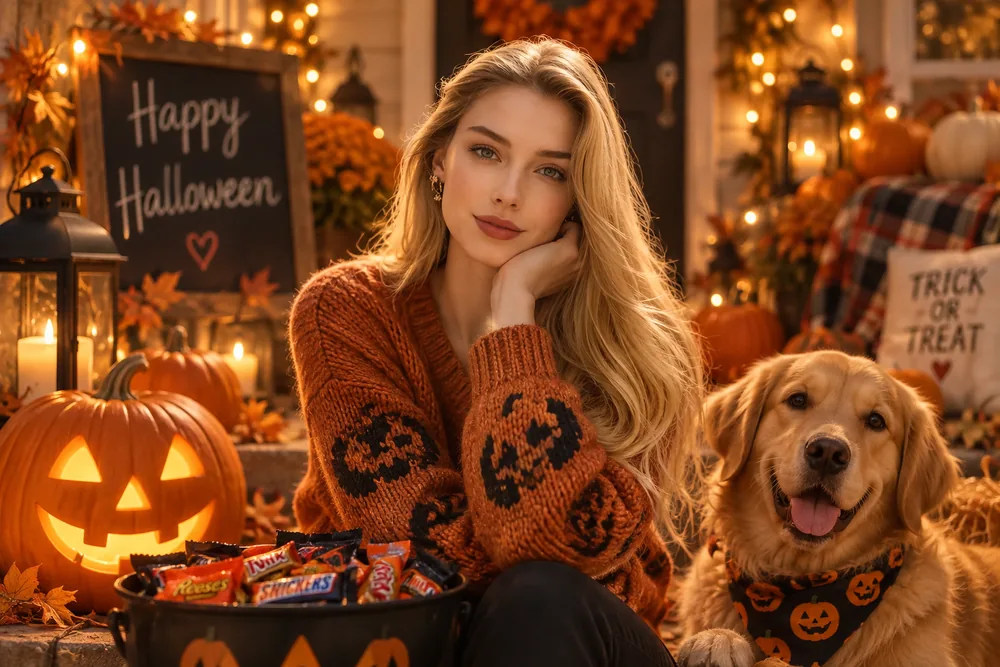 Woman and golden retriever surrounded by glowing pumpkins and warm Halloween decorations