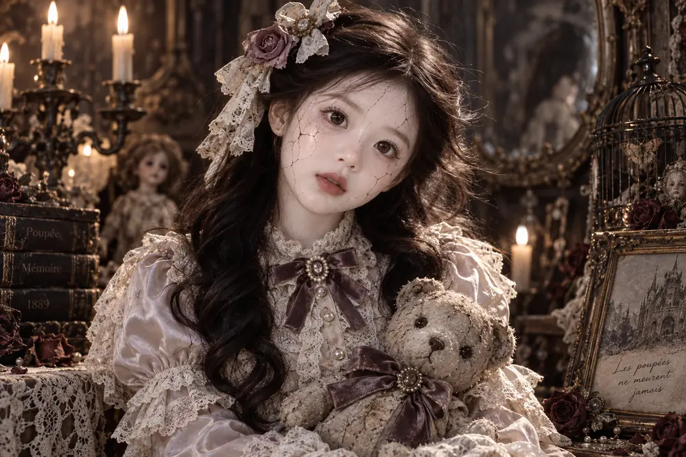 Cracked porcelain doll character holding a worn teddy bear in a candlelit antique room