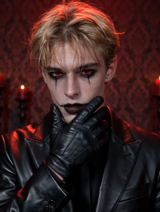 Gothic vampire character in black leather surrounded by dramatic crimson candlelight