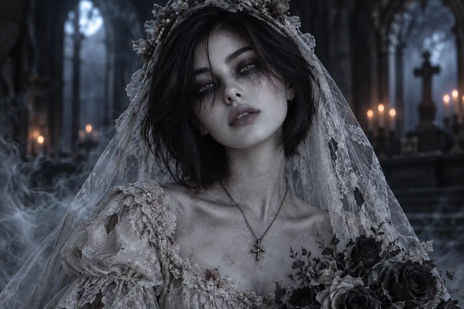 Pale ghost bride wearing a torn lace veil in a dark cemetery illuminated by candles