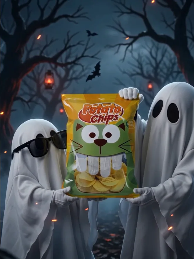 Costumed ghosts presenting a colorful product package in a dark Halloween forest