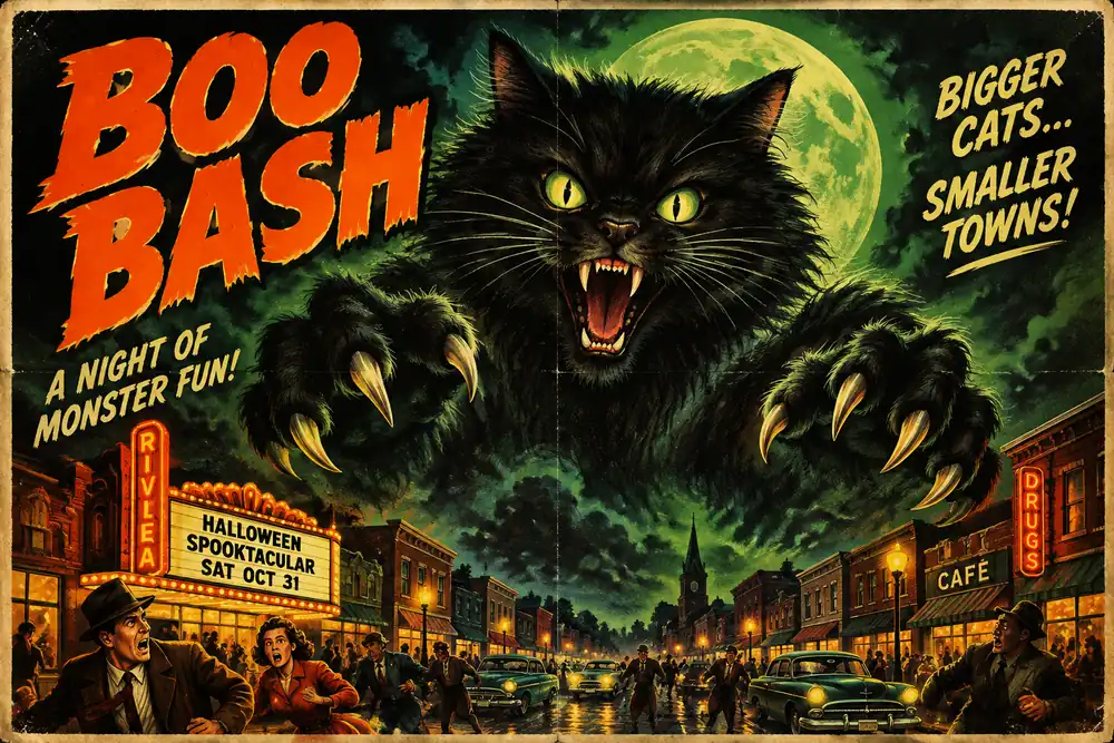 Giant black cat attacking a small town in a retro 1950s Halloween monster poster