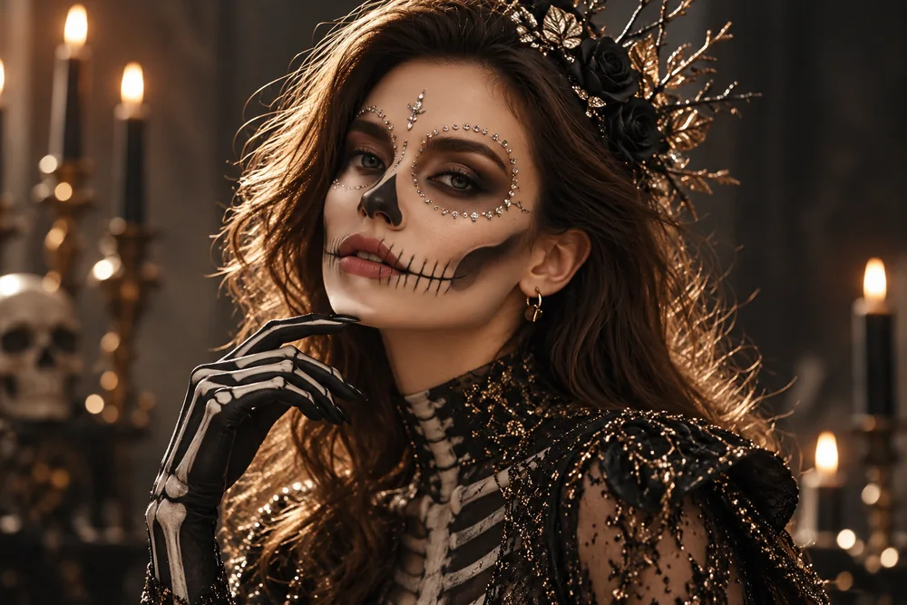 Woman wearing rhinestone skeleton makeup and an elegant black costume by candlelight