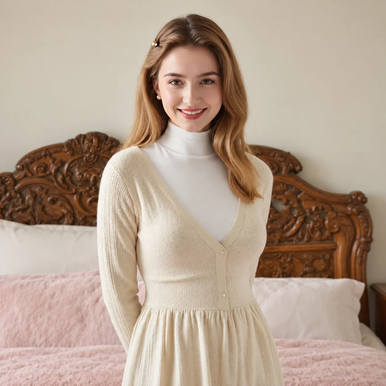 Woman in a white dress posing indoors before applying glamorous skeleton makeup
