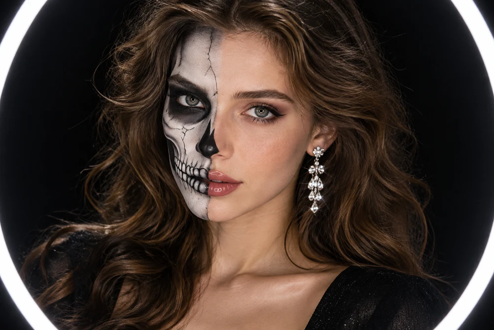 Close-up portrait combining natural glamour with detailed half-skull face makeup