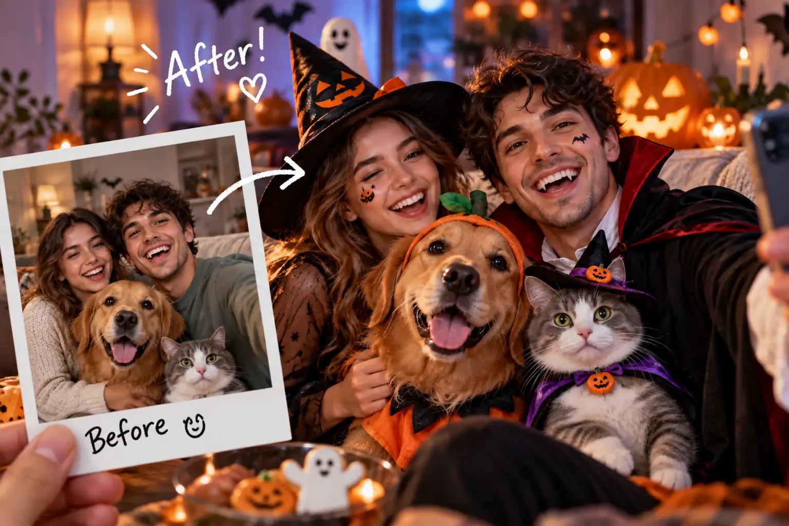 Before-and-after group portrait with friends and pets wearing coordinated Halloween costumes