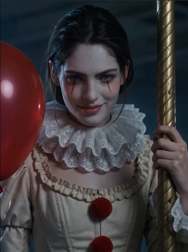 Victorian clown holding a red balloon inside a shadowy abandoned carousel setting