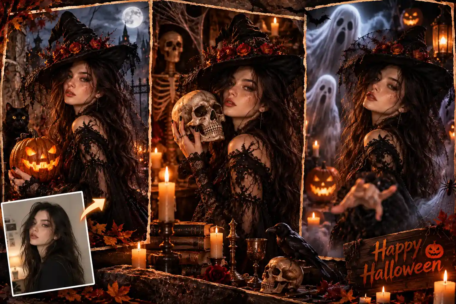 Portrait transformation placing a woman in witch attire across haunted Halloween settings