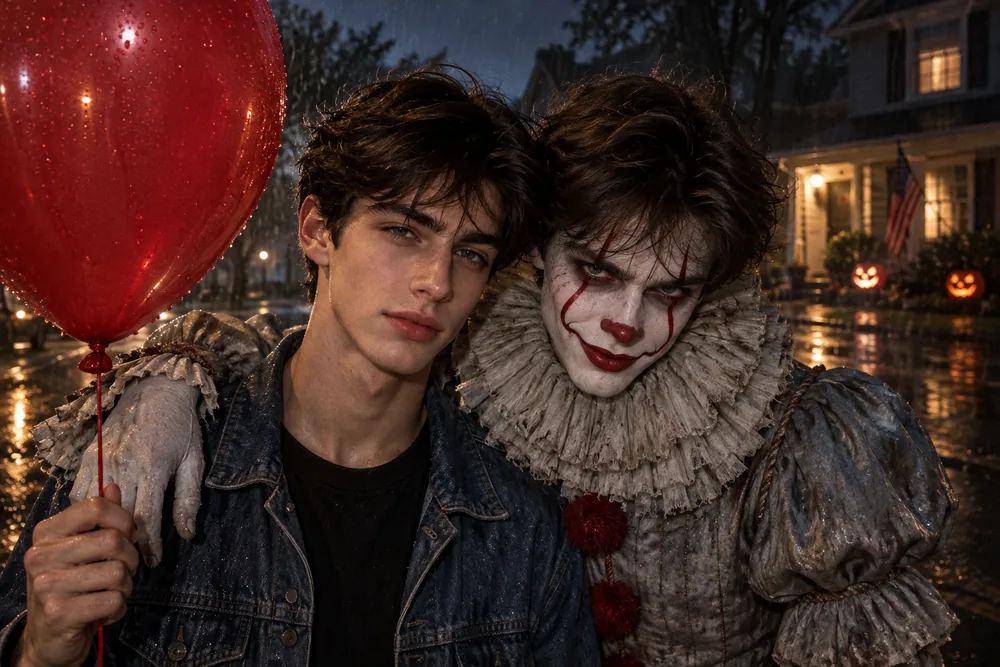 Sinister clown embracing a young man holding a red balloon on a rainy Halloween night