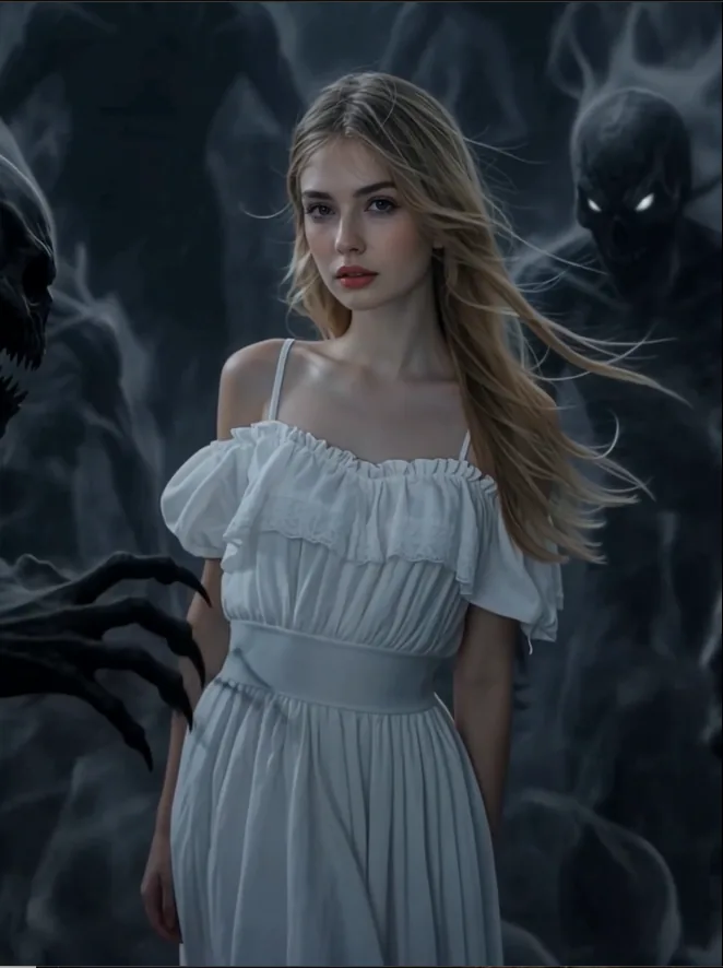 Woman surrounded by smoky shadow creatures with glowing eyes in a dark forest