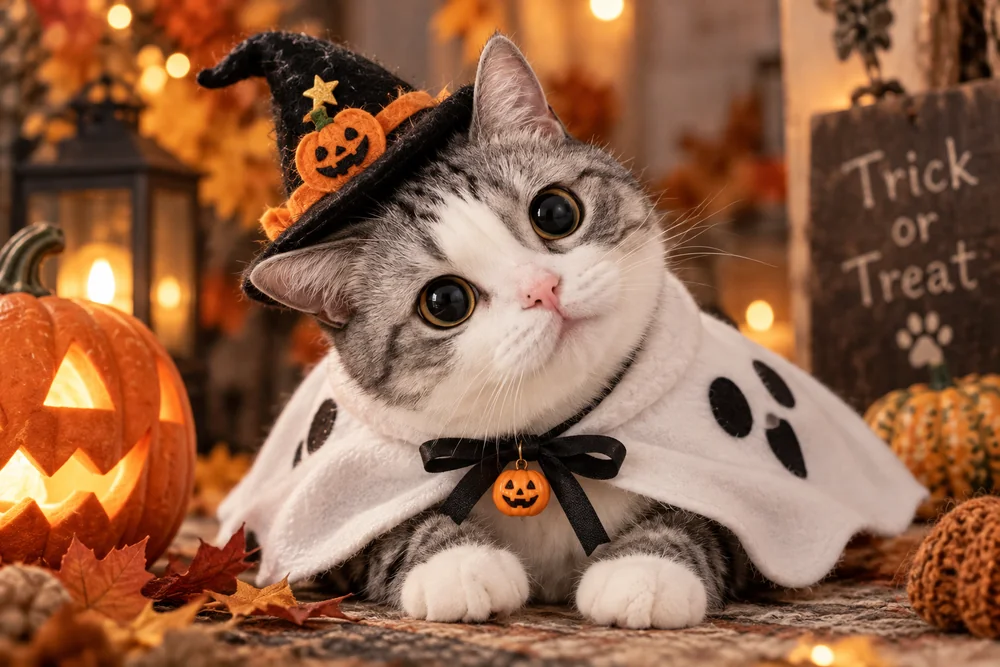 Gray and white cat wearing a witch hat and ghost cape beside a glowing jack-o'-lantern