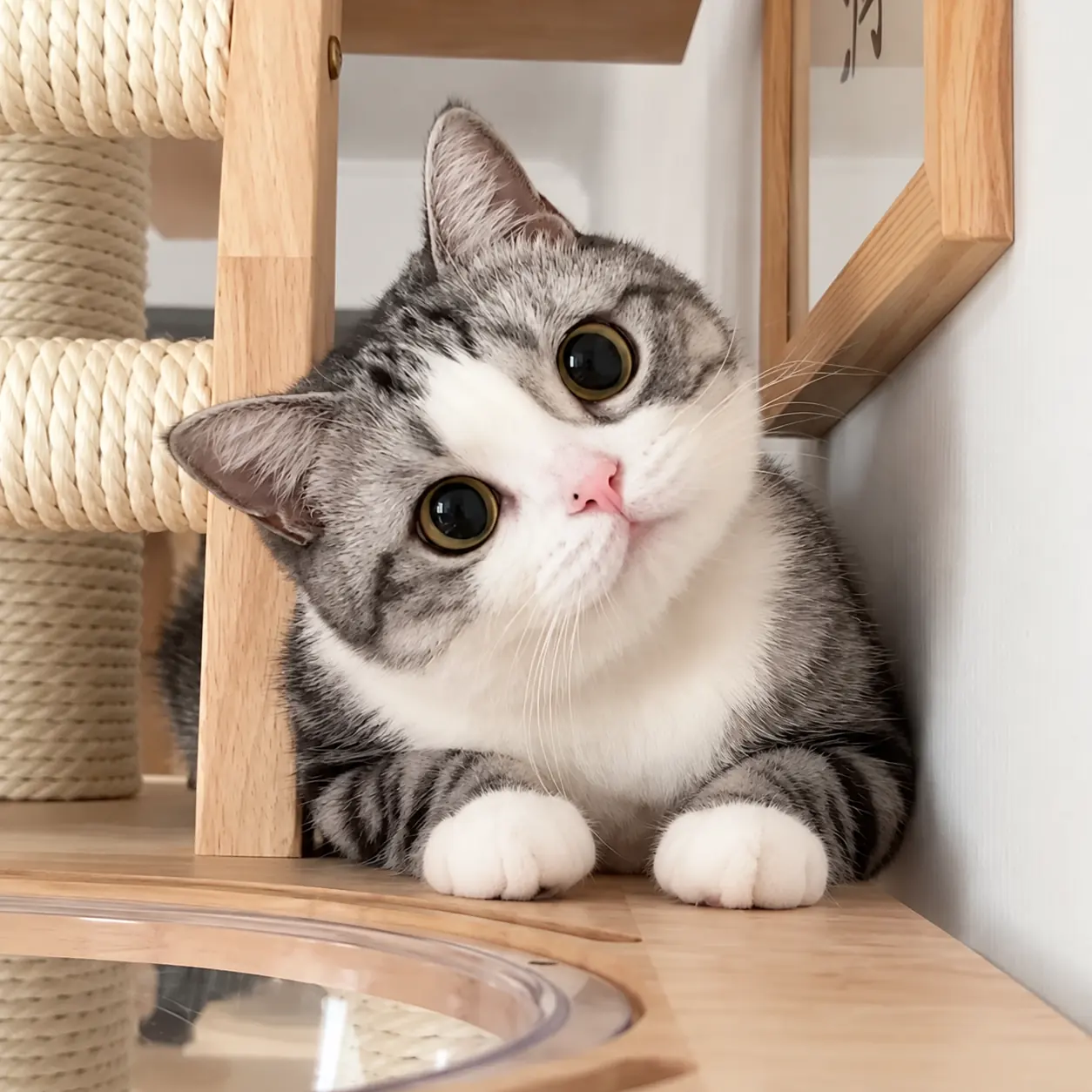 Gray and white cat beside a scratching post before receiving a Halloween pet costume
