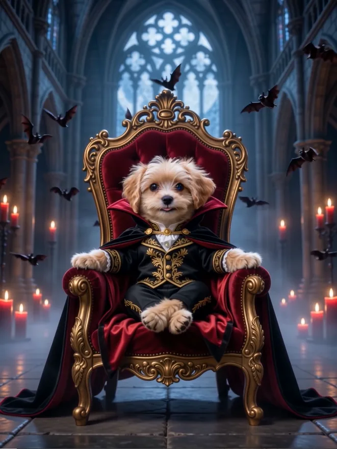 Small dog dressed as a vampire count seated on an ornate throne in a gothic hall