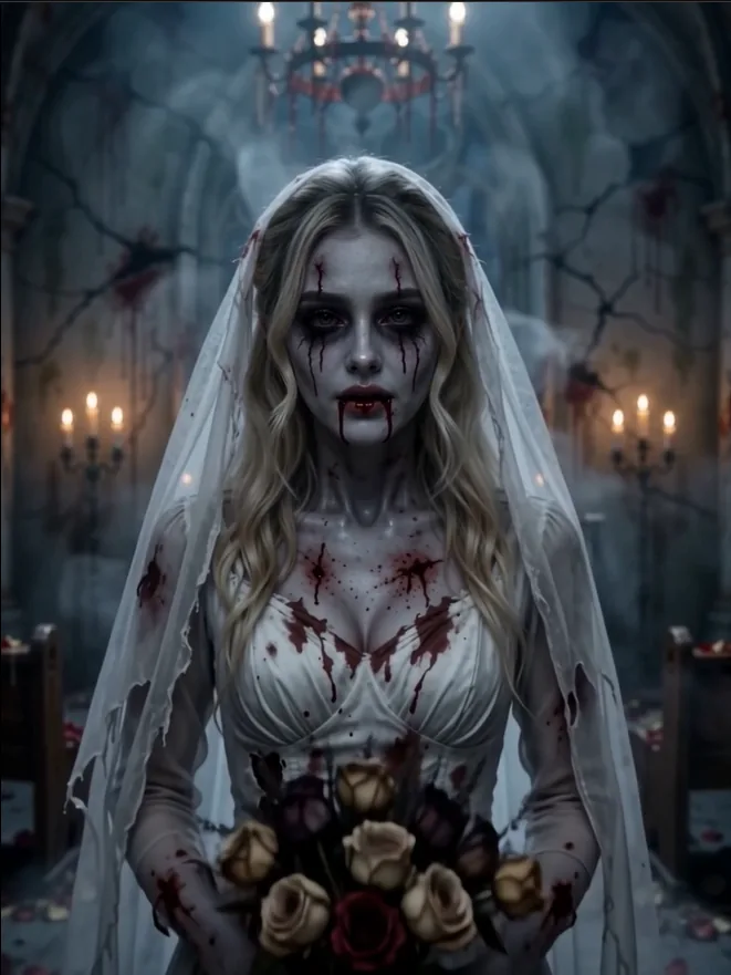 Blood-stained zombie bride holding dead flowers in a foggy candlelit graveyard