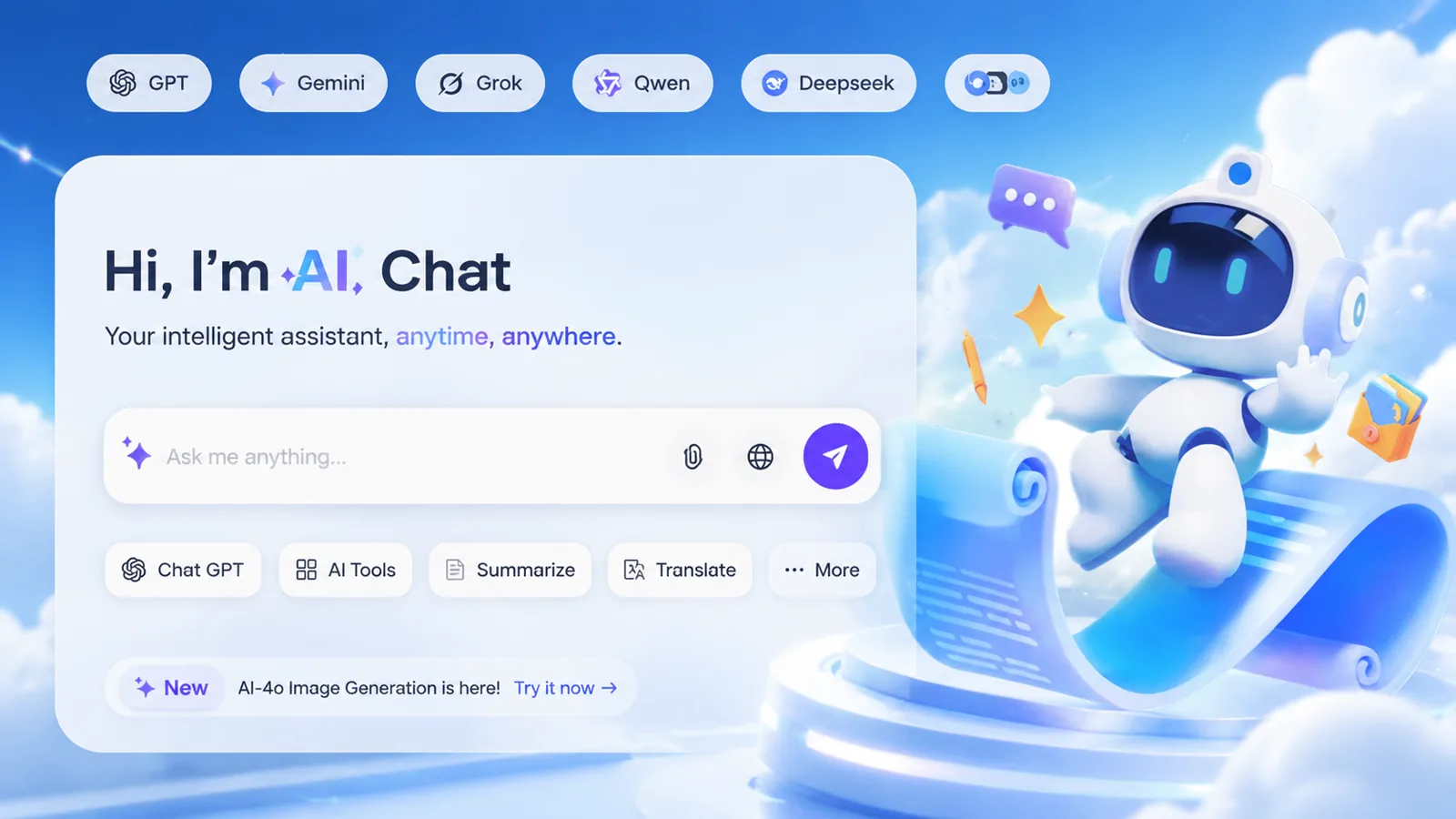 AI chat tool card for conversational answers, daily questions, and workflow support