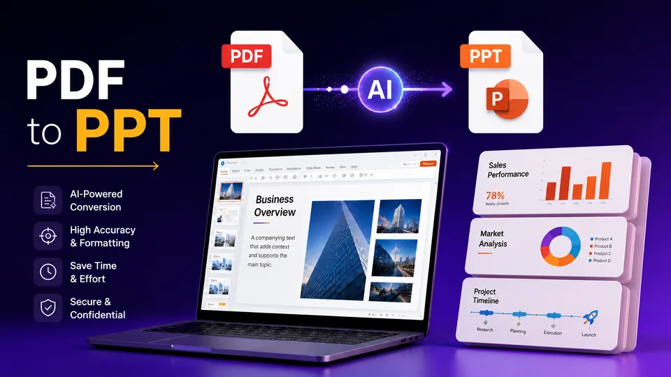 AI PDF to PPT converter showing uploaded PDF content transformed into editable slides