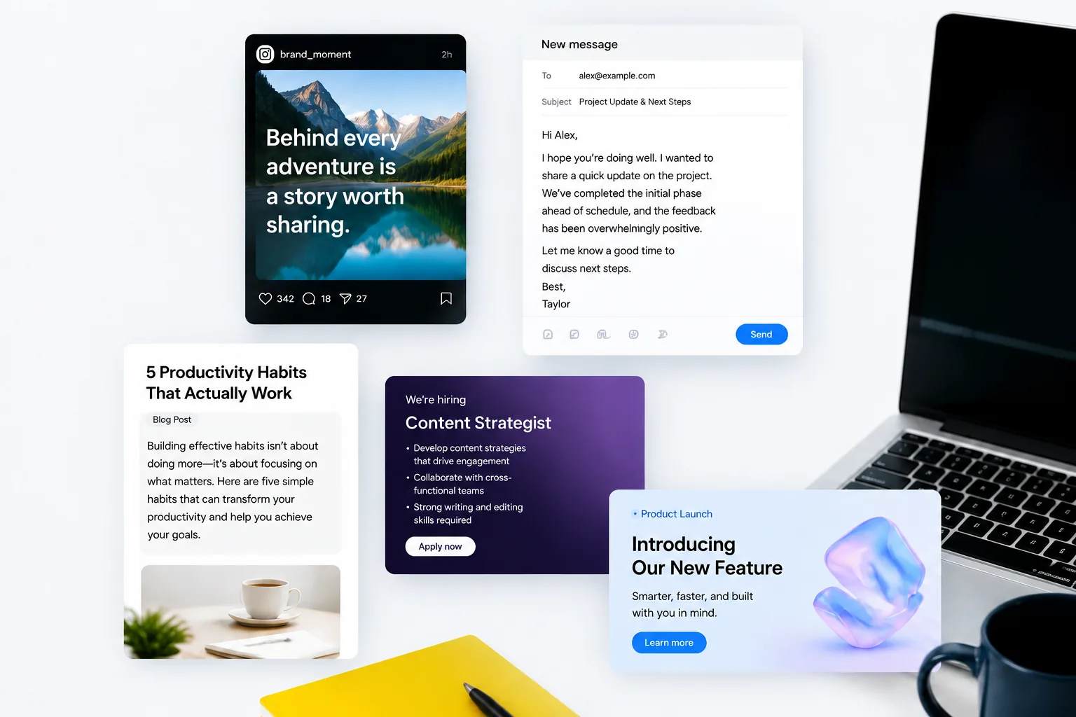 AI writing assistant preview for turning prompts into drafts, emails, and structured content