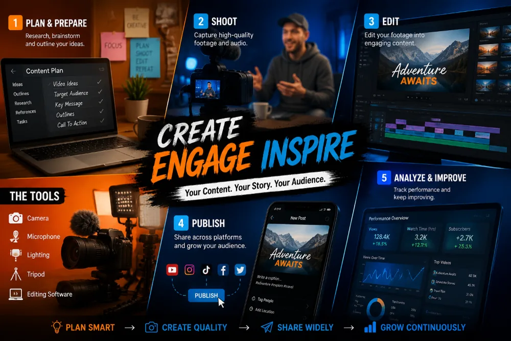 Content creator workflow visual for writing, images, and short-form video production