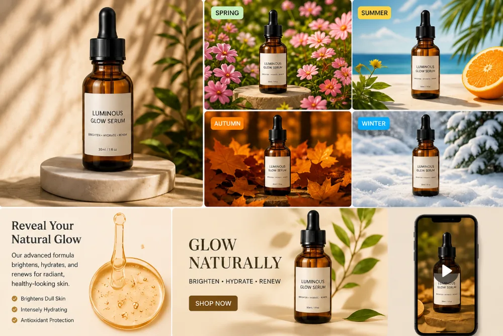 E-commerce workflow visual for product backgrounds, copy, visuals, and launch content