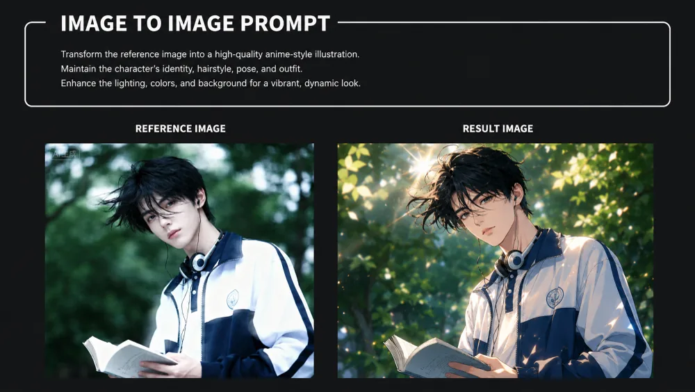 Image to image preview showing visual style transformation and creative results from image-to-image generation
