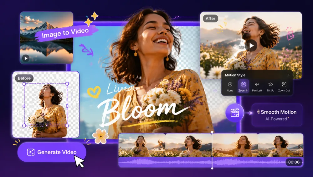Image to video tool card for animating static visuals into short video content