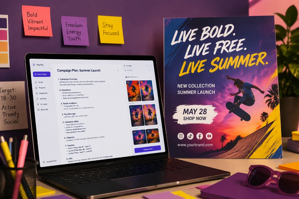 Marketing workflow visual for campaign planning, content drafts, and creative proposals