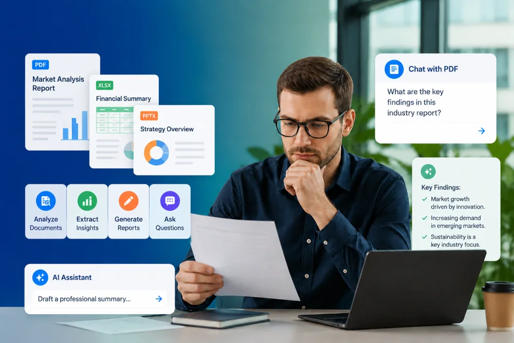 Office workflow visual showing document, email, and report tasks supported by AI tools