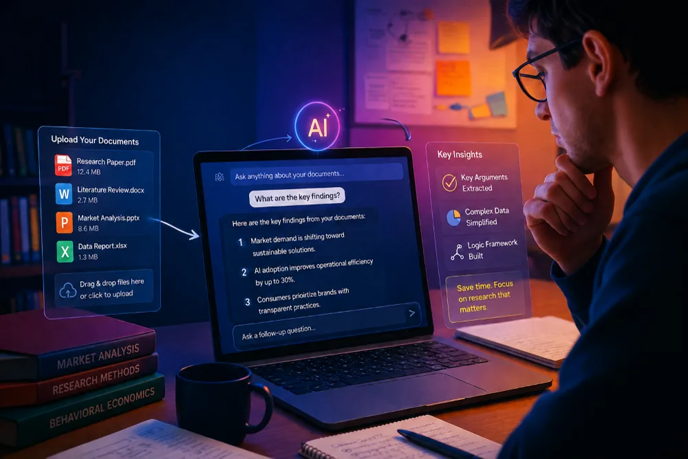 Student and researcher workflow visual for studying papers and extracting document insights