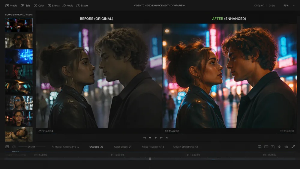 Video to video tool card for transforming existing clips into new creative outputs