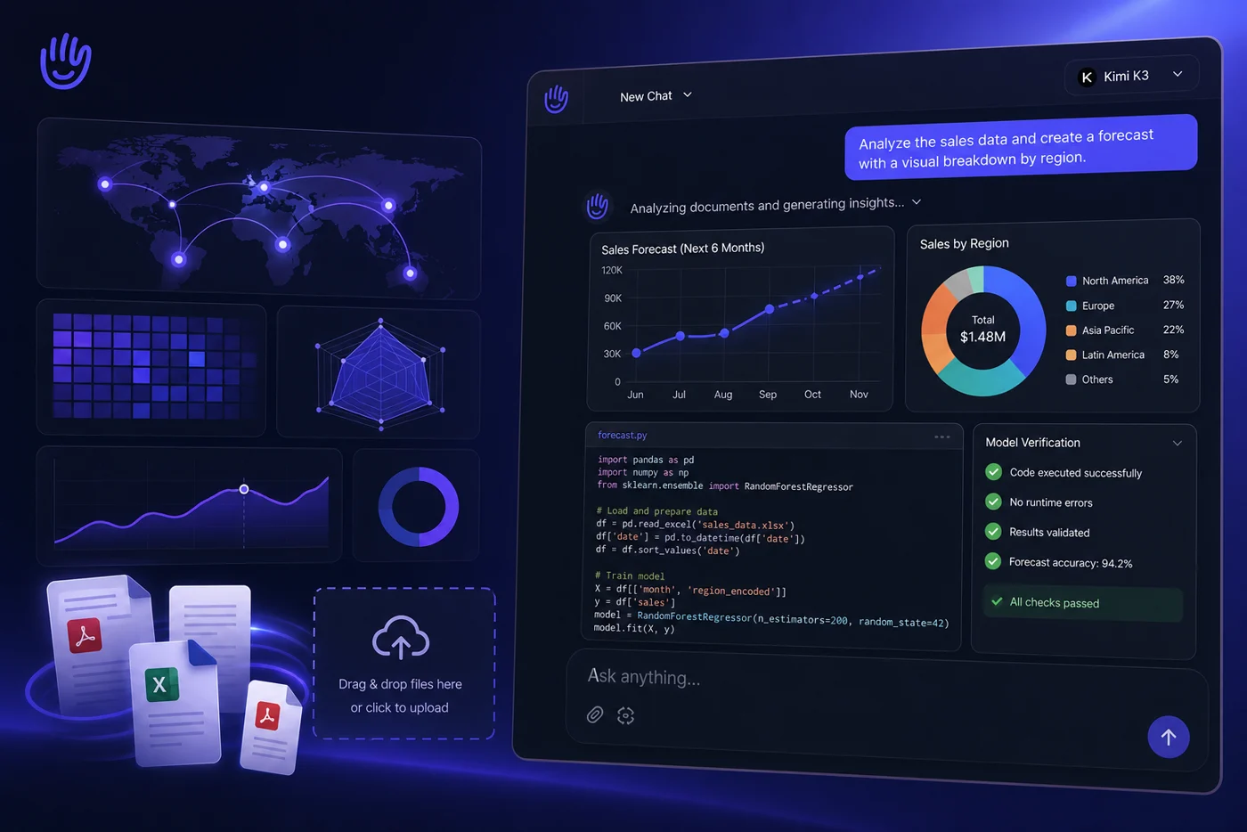 Kimi K3 workspace showing code, documents, and visual reasoning tools in HeyTop