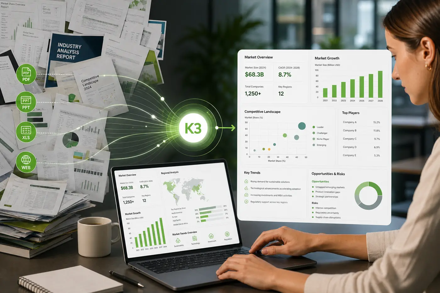 Kimi K3 market research dashboard extracting metrics for faster data-backed decisions