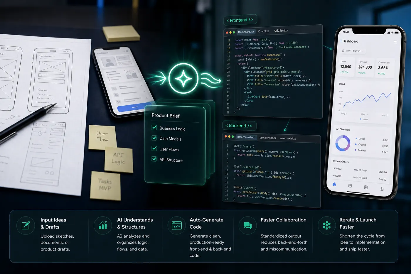 Kimi K3 workflow turning product requirements into frontend and backend code plans