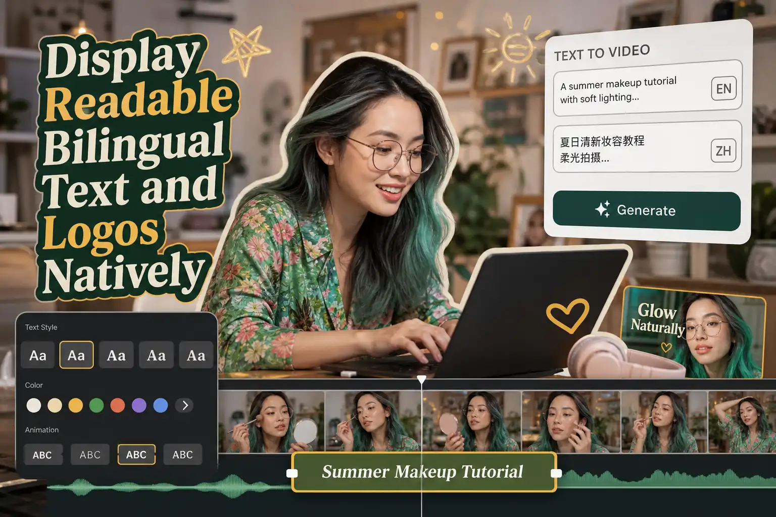 MiniMax H3 视频场景中渲染的清晰英文和中文标题图形